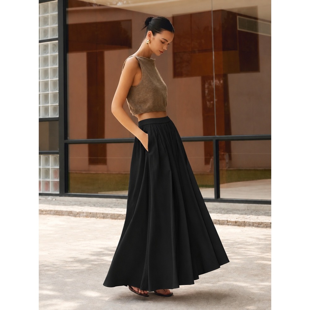 COMMENSE Black Linen Blend Pleated High Waist Maxi Skirt Pockets XL US 12 NWT